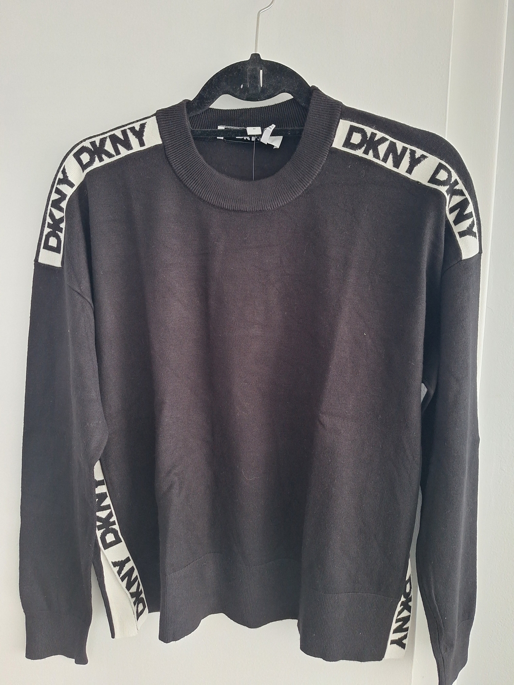 DKNY Black Crewneck Sweater with White Logo Trim